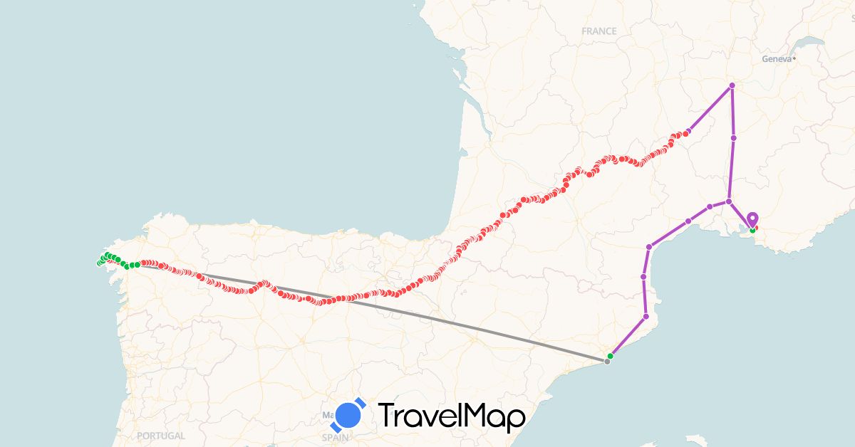 TravelMap itinerary: bus, plane, train, hiking in Spain, France (Europe)